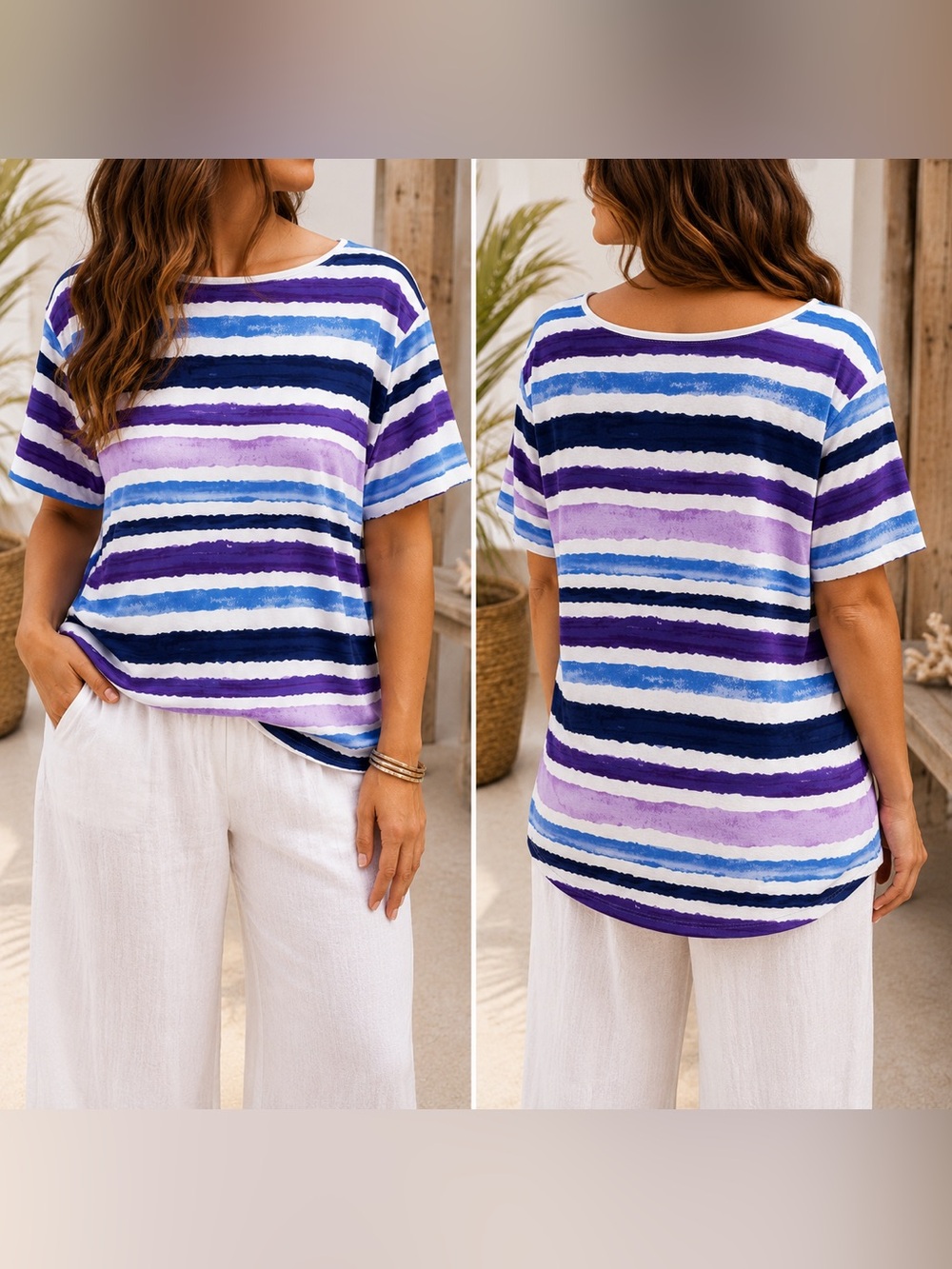 Talbots Tee Plus Size 2X Blue Purple Striped Boat Neck Cotton Stretch Top